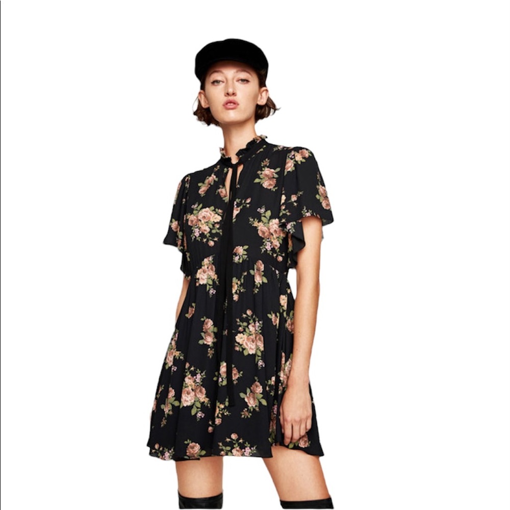 Zara Floral Mini Dress with Bow NWT